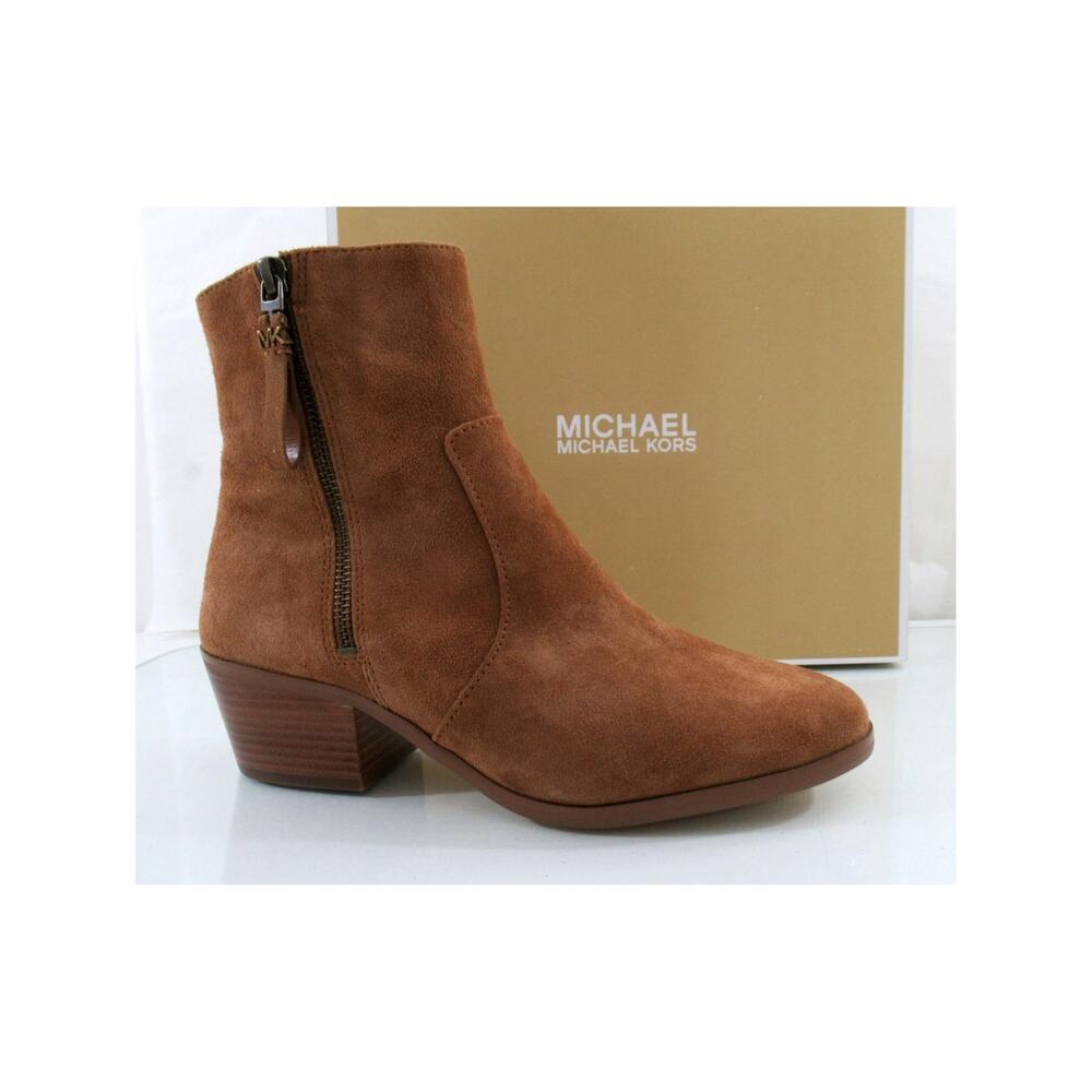 Michael Kors Sawyer Bootie Ankle Boots Zip MK Logo Suede Carob Brown Size 7